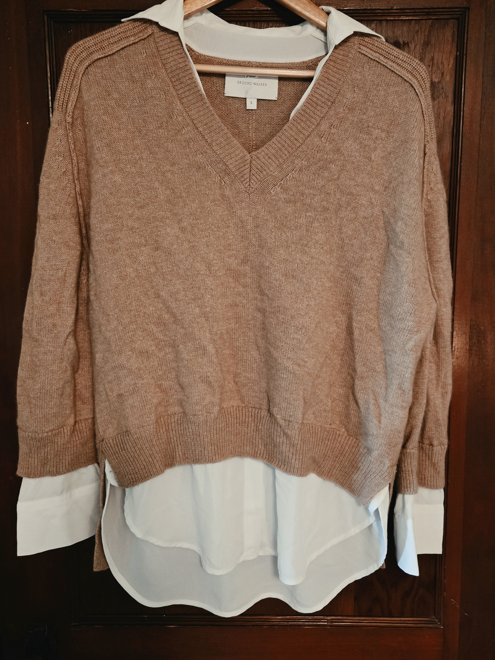 Brochu Walker V-Neck Layered Hem Sweater in Light Brown